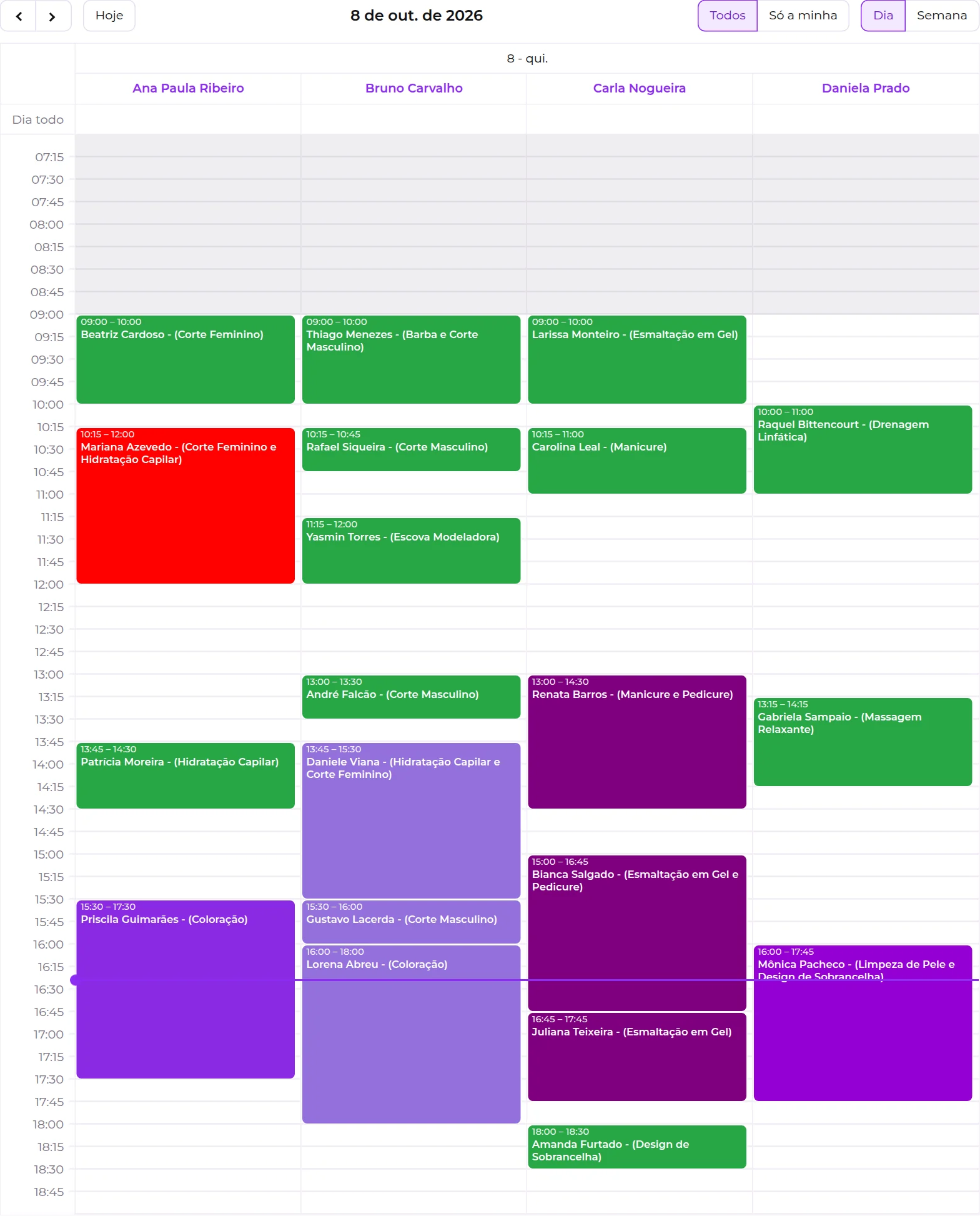 Agenda na visão Dia, com uma coluna por profissional e os agendamentos coloridos conforme a situação