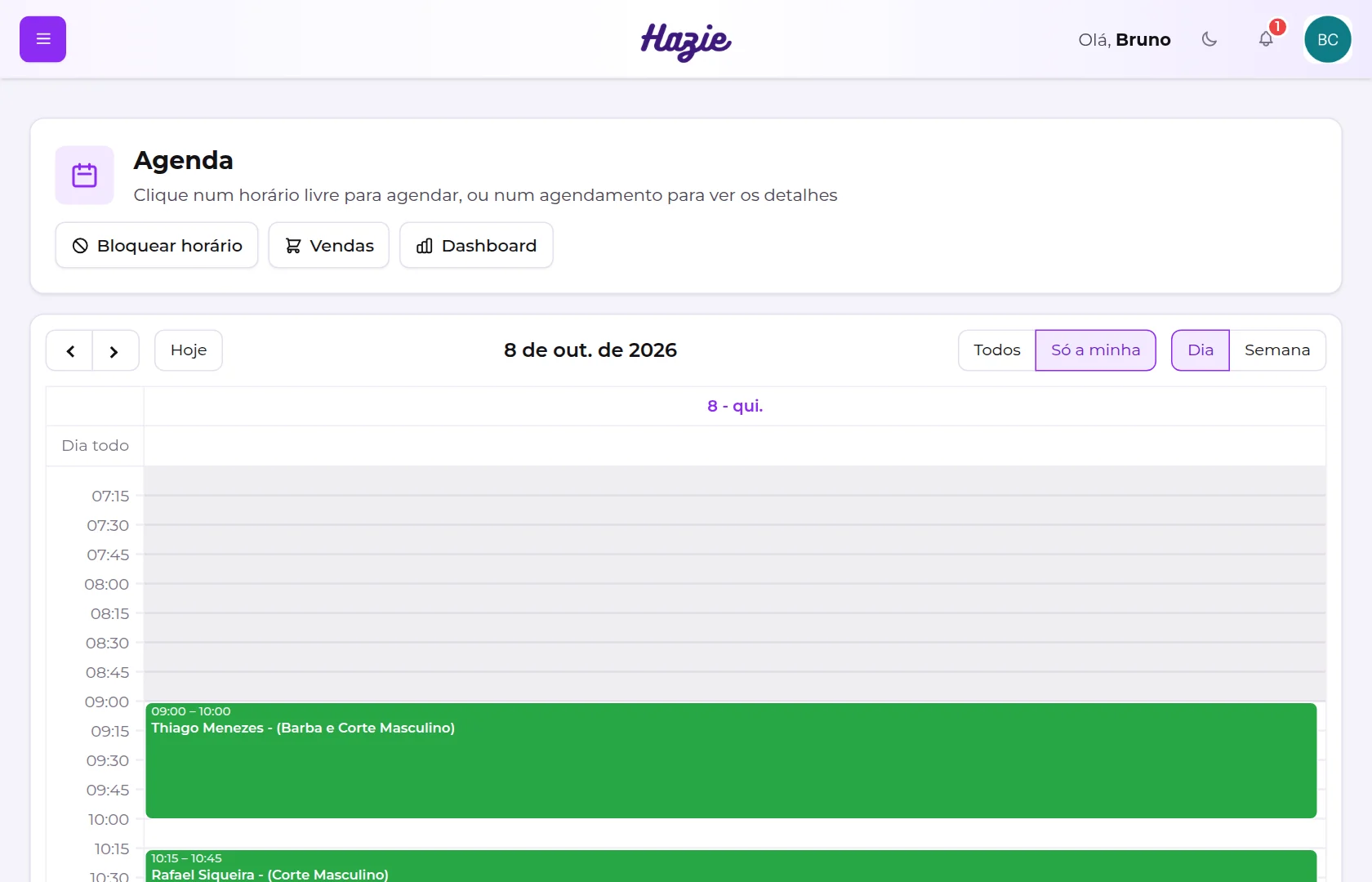 Agenda de um atendente com o filtro Só a minha ligado, mostrando apenas a coluna dele
