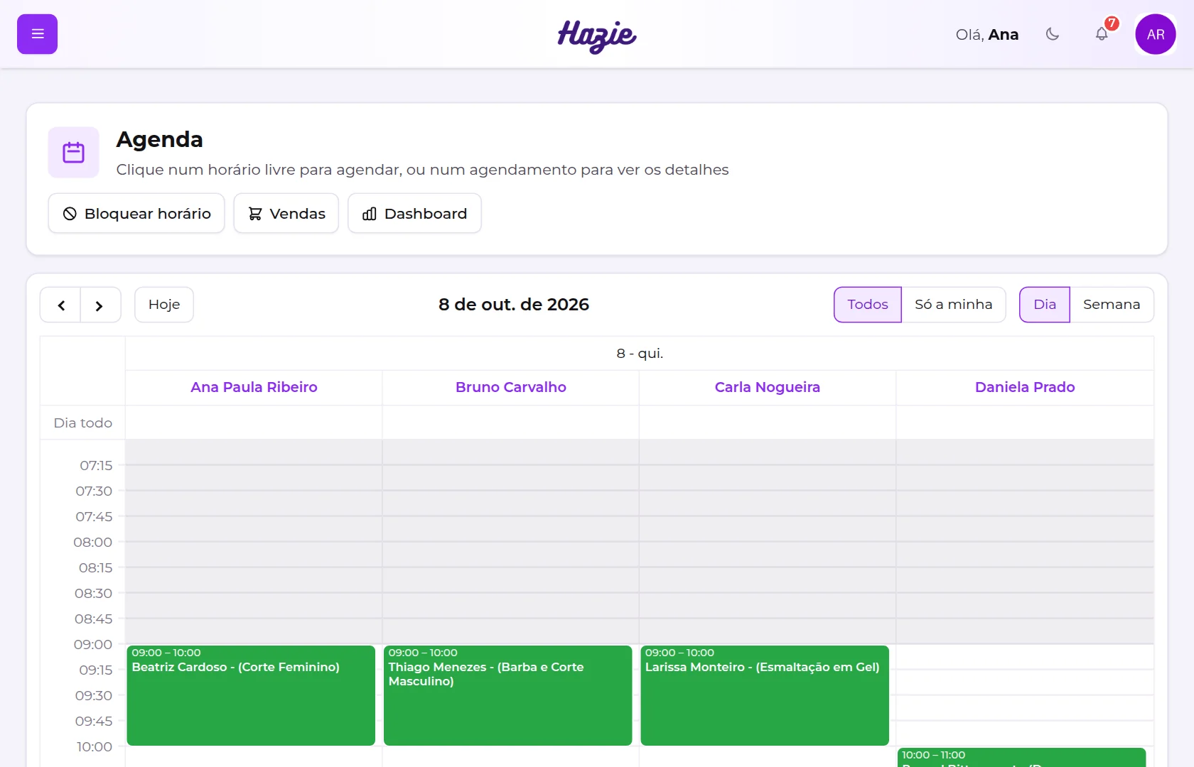 Tela da Agenda, com os botões Bloquear horário, Vendas e Dashboard, a barra de navegação e as colunas dos profissionais