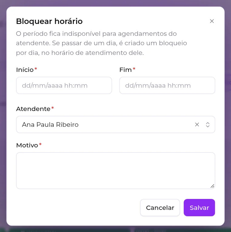 Janela Bloquear horário, com início, fim, atendente e motivo