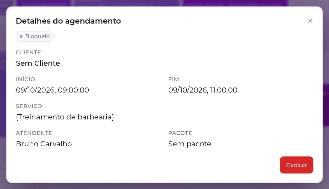 Detalhes de um bloqueio, com a etiqueta Bloqueio e o botão Excluir