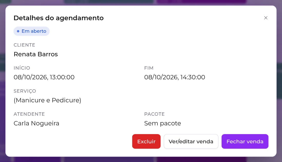 Janela Detalhes do agendamento de um horário em aberto, com os botões Excluir, Ver/editar venda e Fechar venda