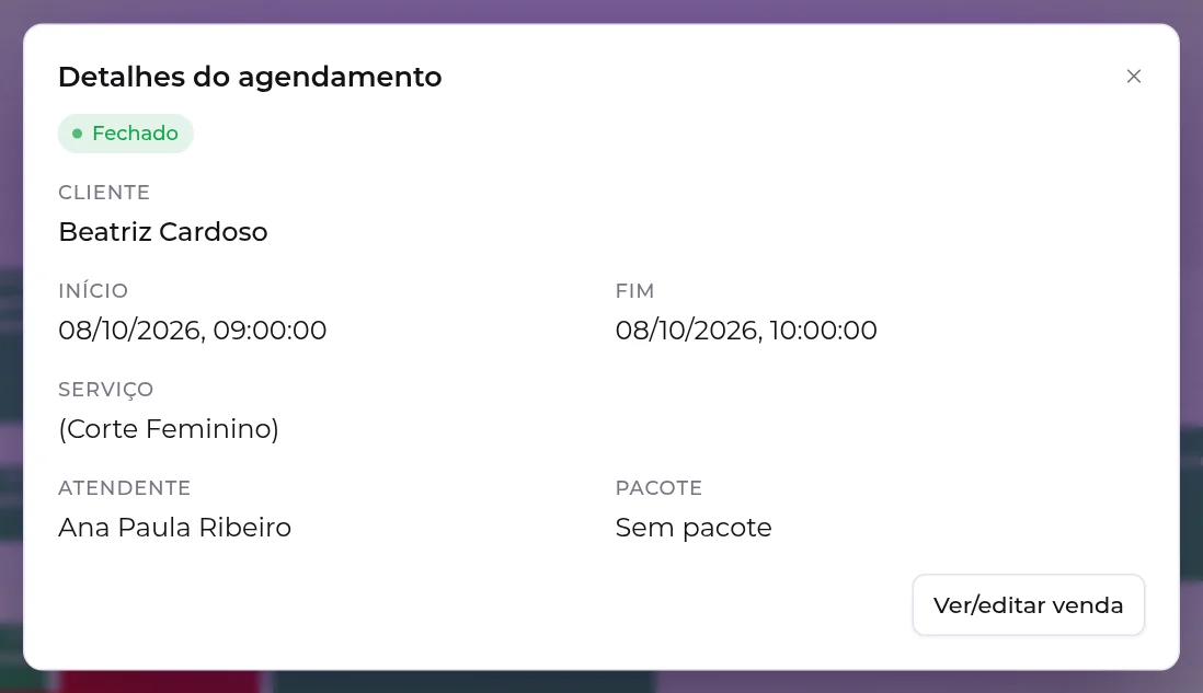 Detalhes de um agendamento já fechado, apenas com o botão Ver/editar venda