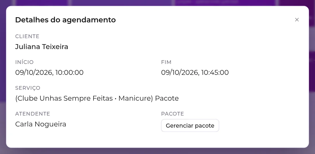 Detalhes de um agendamento de pacote, com o botão Gerenciar pacote no lugar dos botões de venda