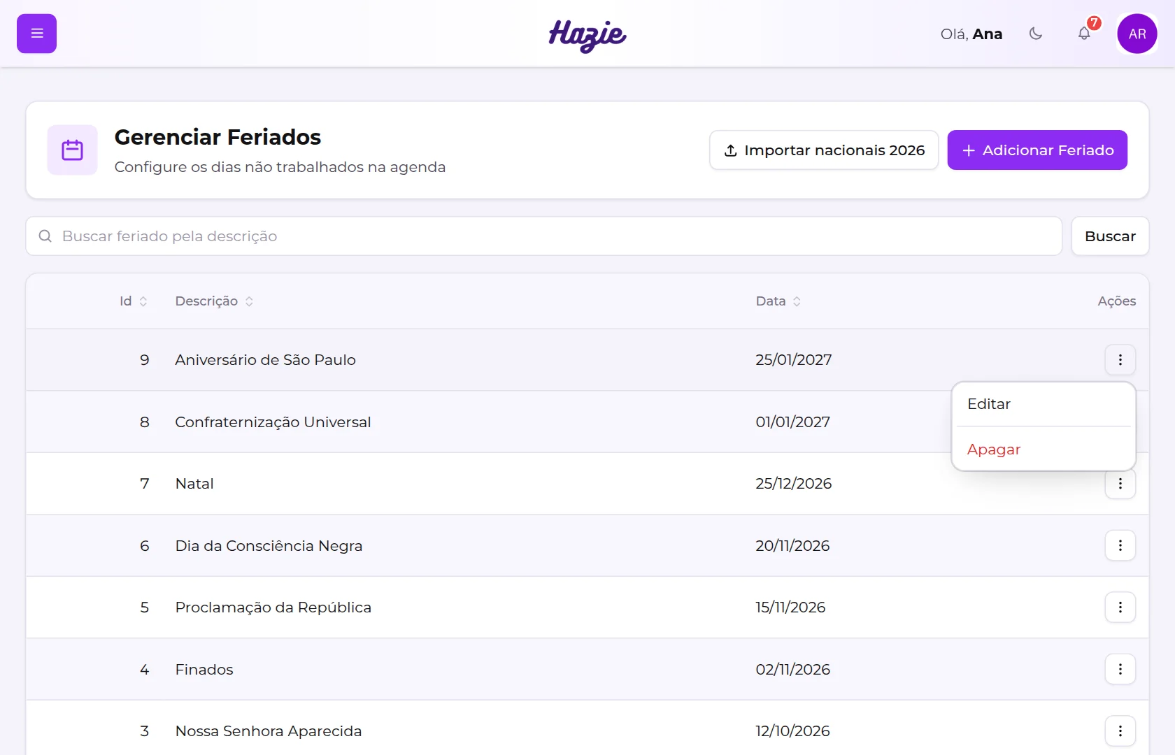 Menu de ações de um feriado, com as opções Editar e Apagar