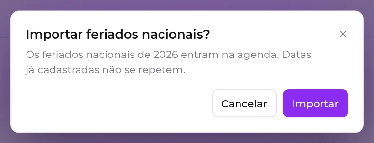 Janela de confirmação Importar feriados nacionais, avisando que datas já cadastradas não se repetem