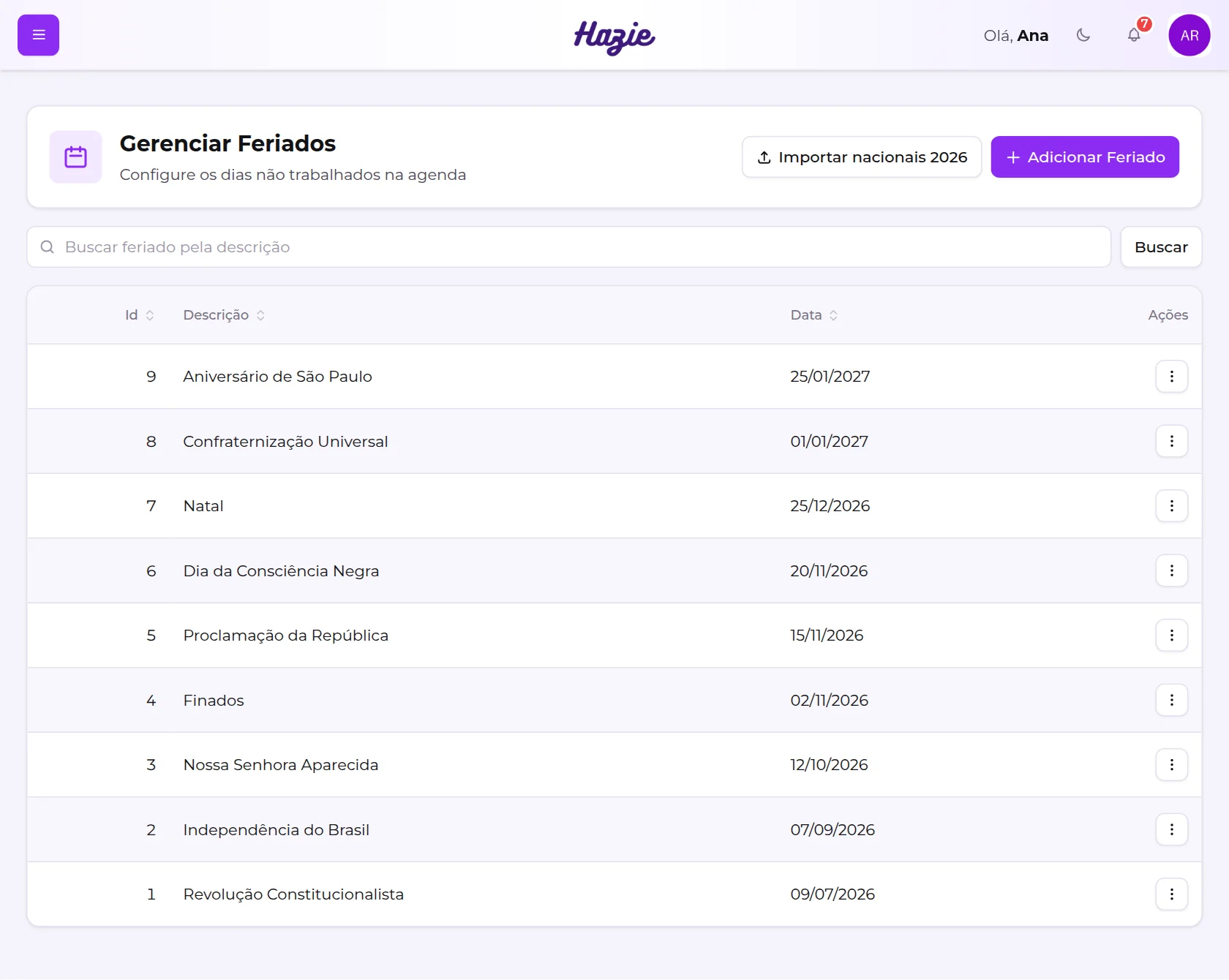 Tela Gerenciar Feriados, com os botões Importar nacionais e Adicionar Feriado e a lista com descrição e data