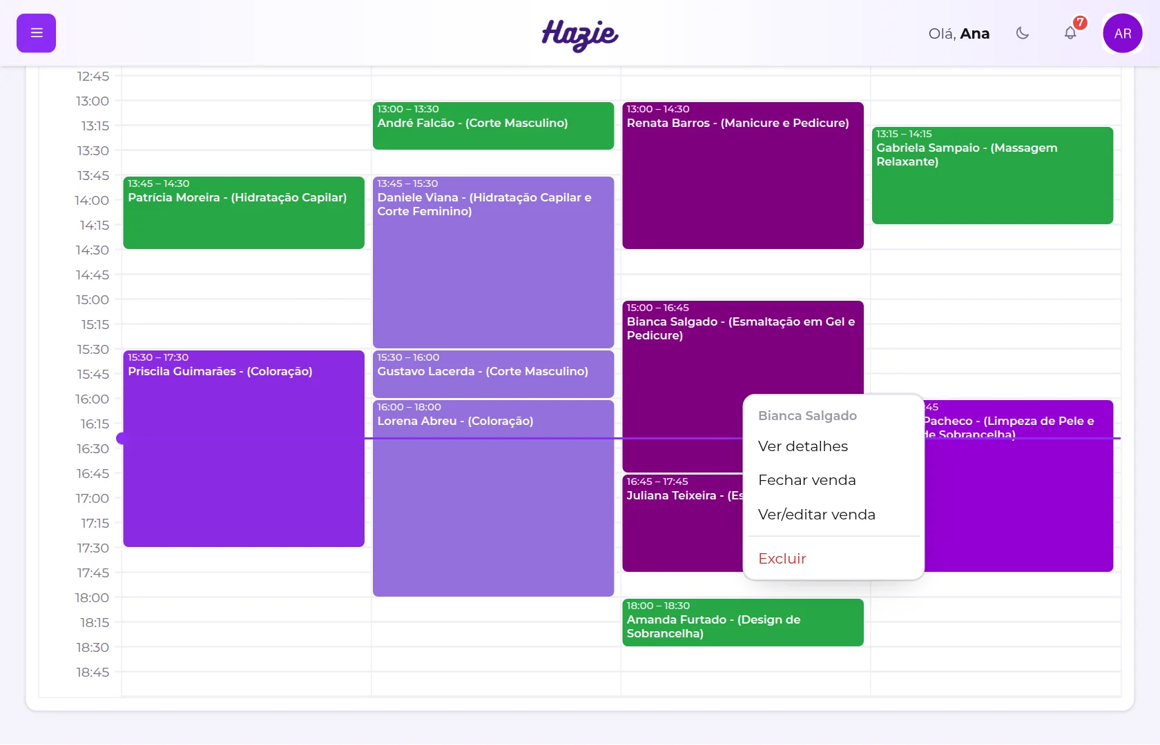 Menu do botão direito sobre um agendamento, com Ver detalhes, Fechar venda, Ver/editar venda e Excluir