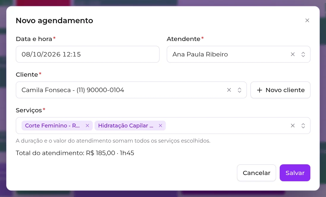 Janela Novo agendamento preenchida, com data e hora, atendente, cliente, dois serviços e o total do atendimento