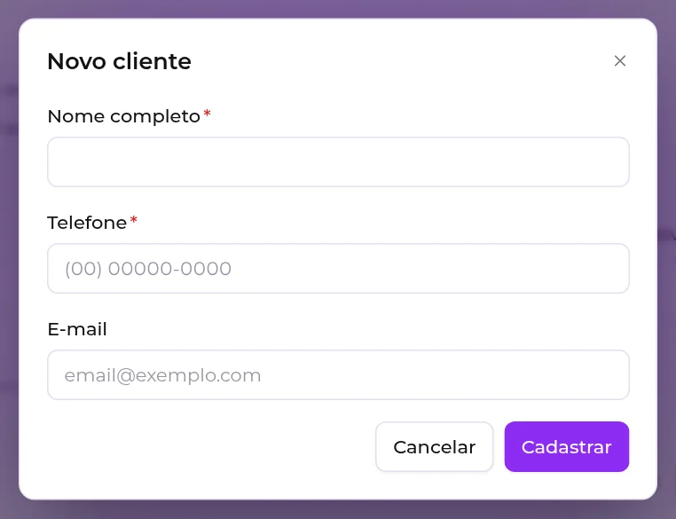 Janela Novo cliente, aberta a partir do agendamento, com nome completo, telefone e e-mail