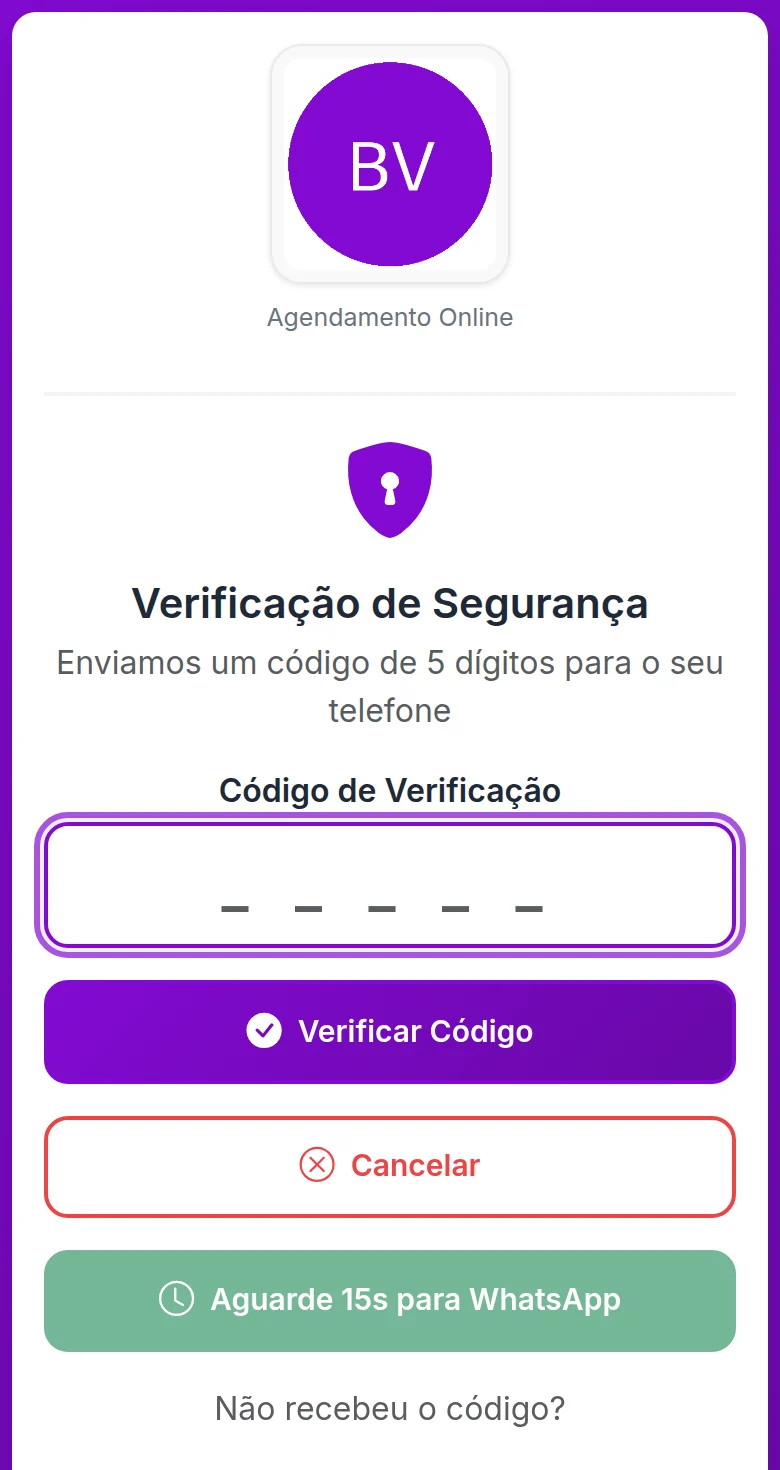 Tela Verificação de Segurança, com o campo do código de 5 dígitos e os botões Verificar Código e Cancelar