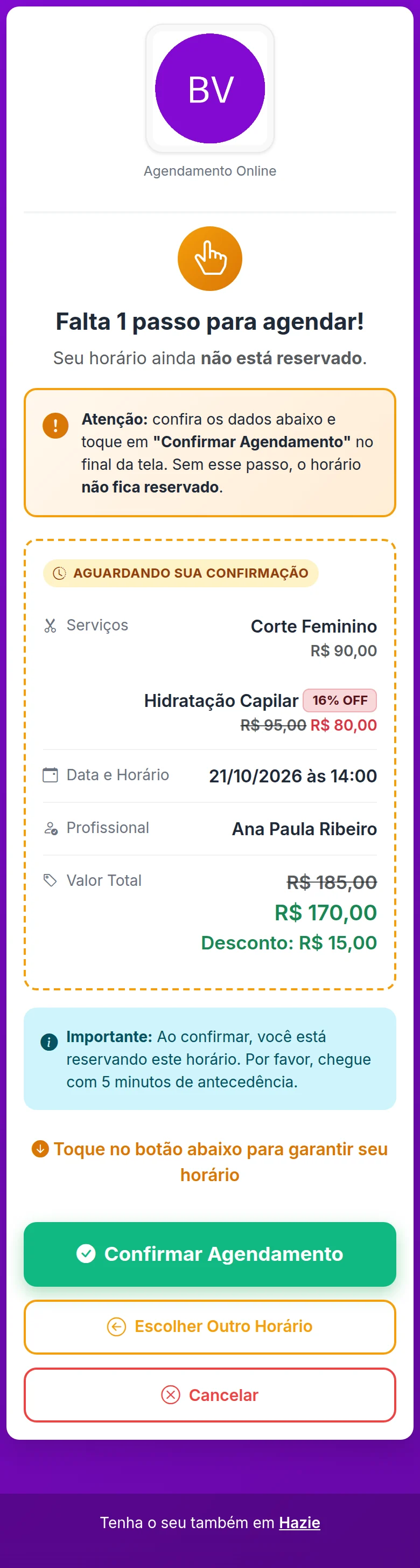 Tela Falta 1 passo para agendar, com o resumo do agendamento e o botão Confirmar Agendamento