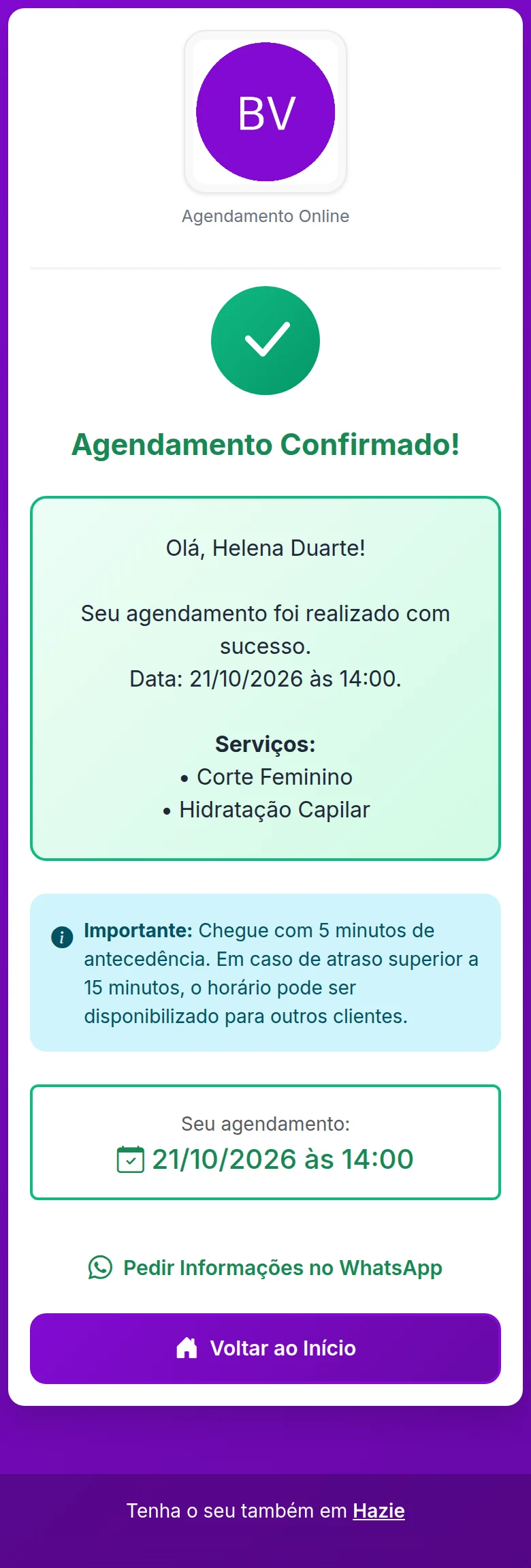 Tela Agendamento Confirmado, com data, horário e serviços