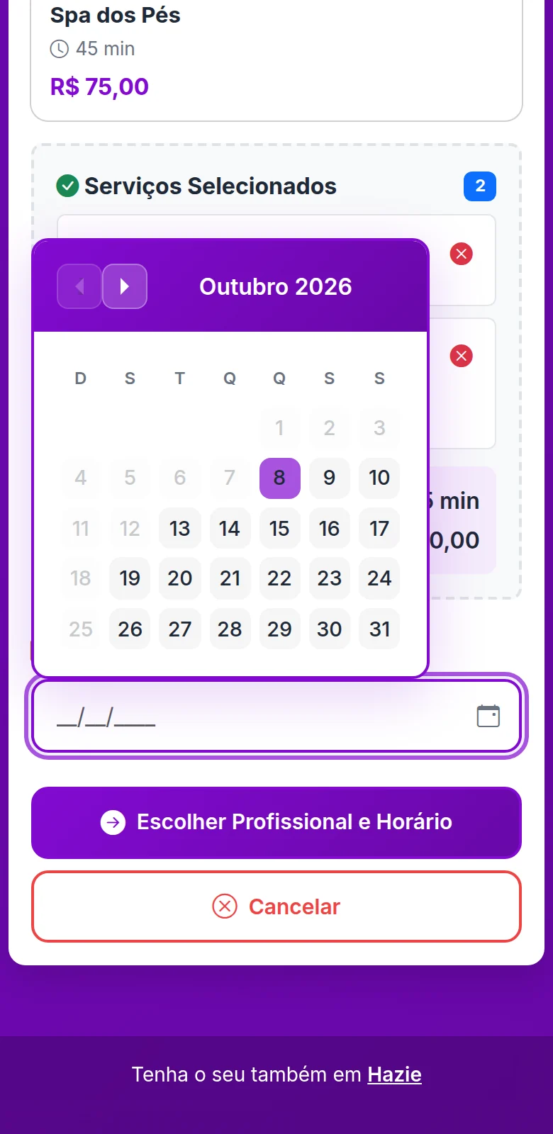Calendário para escolher a data, com os dias indisponíveis apagados