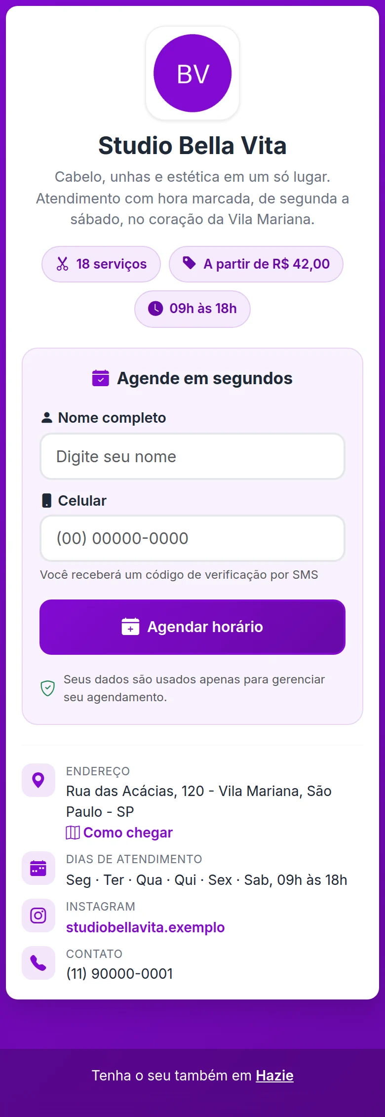 Página pública do estabelecimento, com a apresentação, o quadro Agende em segundos e as informações de contato