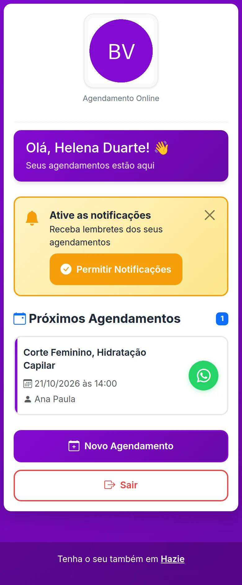 Tela inicial do cliente com o agendamento em Próximos Agendamentos