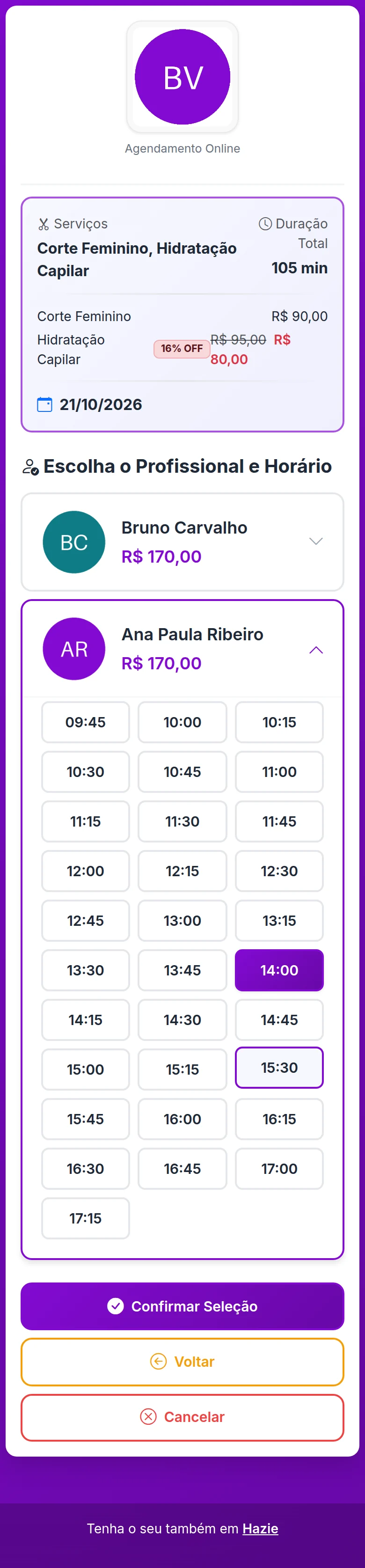Tela Escolha o Profissional e Horário, com os horários livres de uma profissional e um deles selecionado