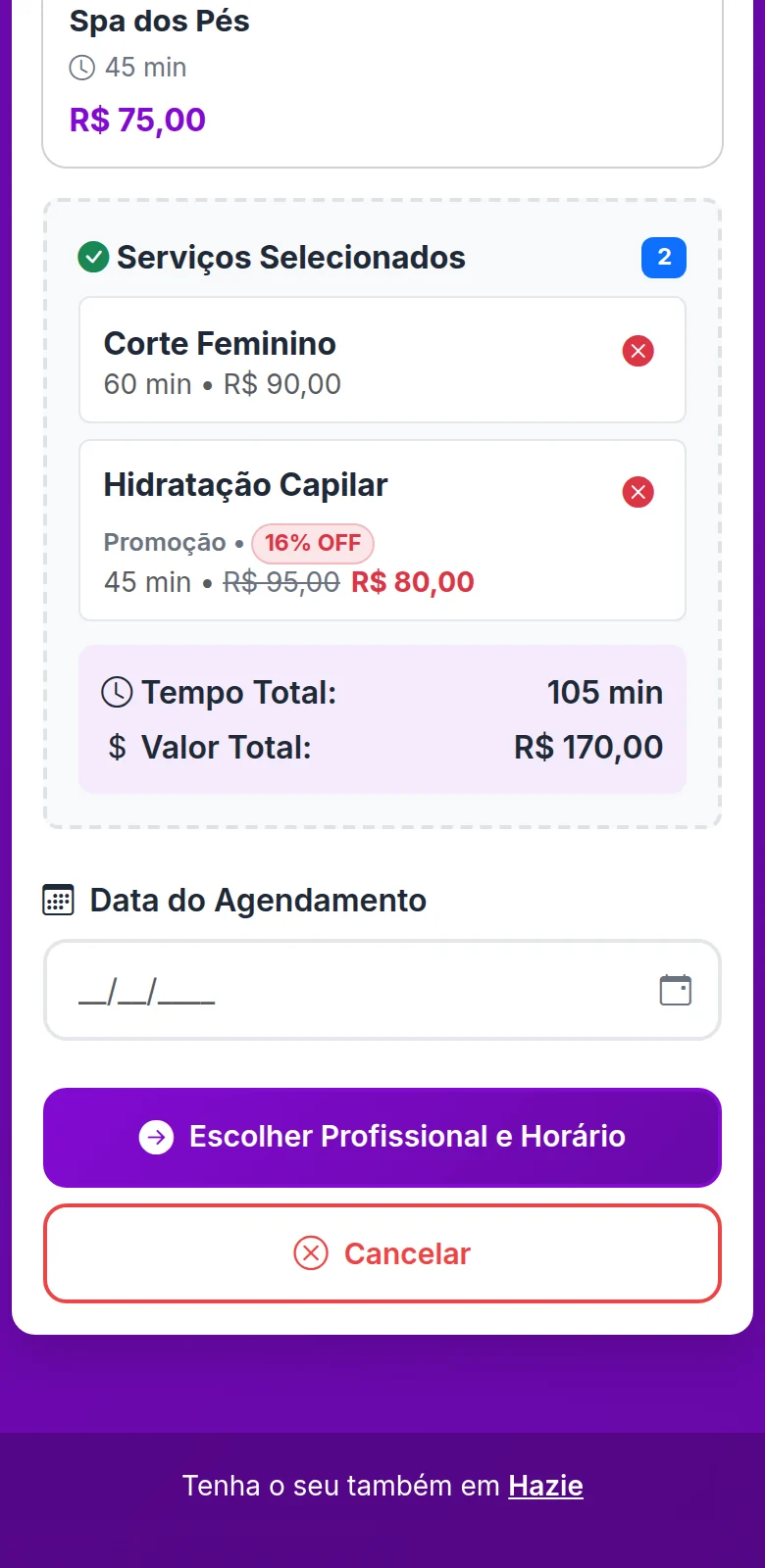 Serviços selecionados com tempo e valor total