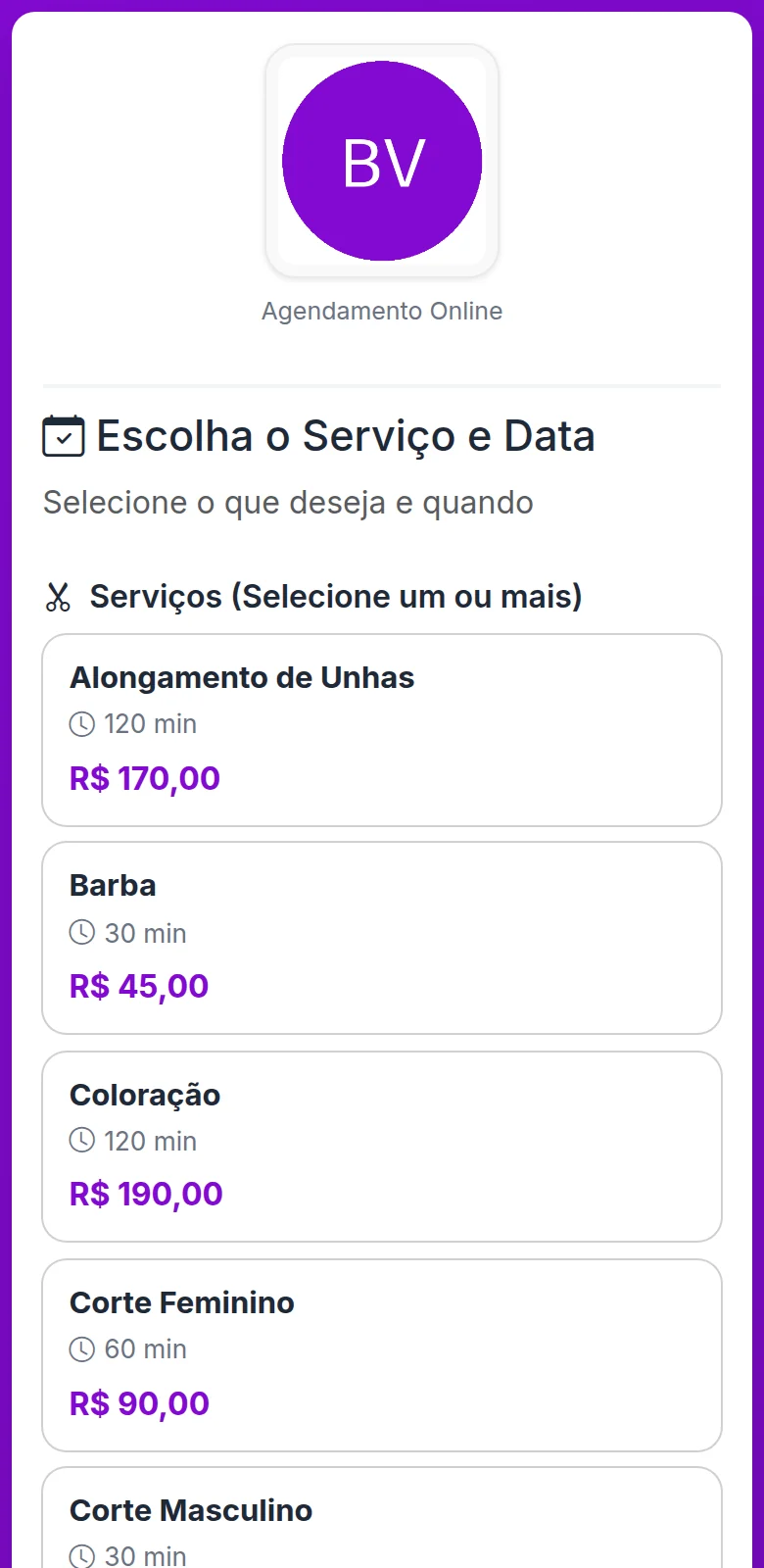 Tela Escolha o Serviço e Data, com a lista de serviços, cada um com duração e preço