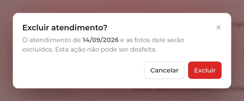 Janela de confirmação Excluir atendimento, avisando que as fotos também serão excluídas