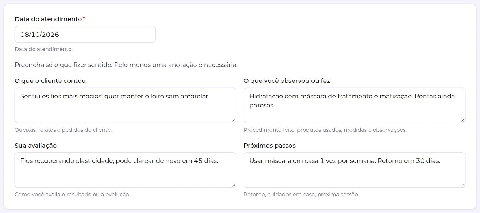 Formulário de registro de atendimento preenchido, com a data e as quatro anotações
