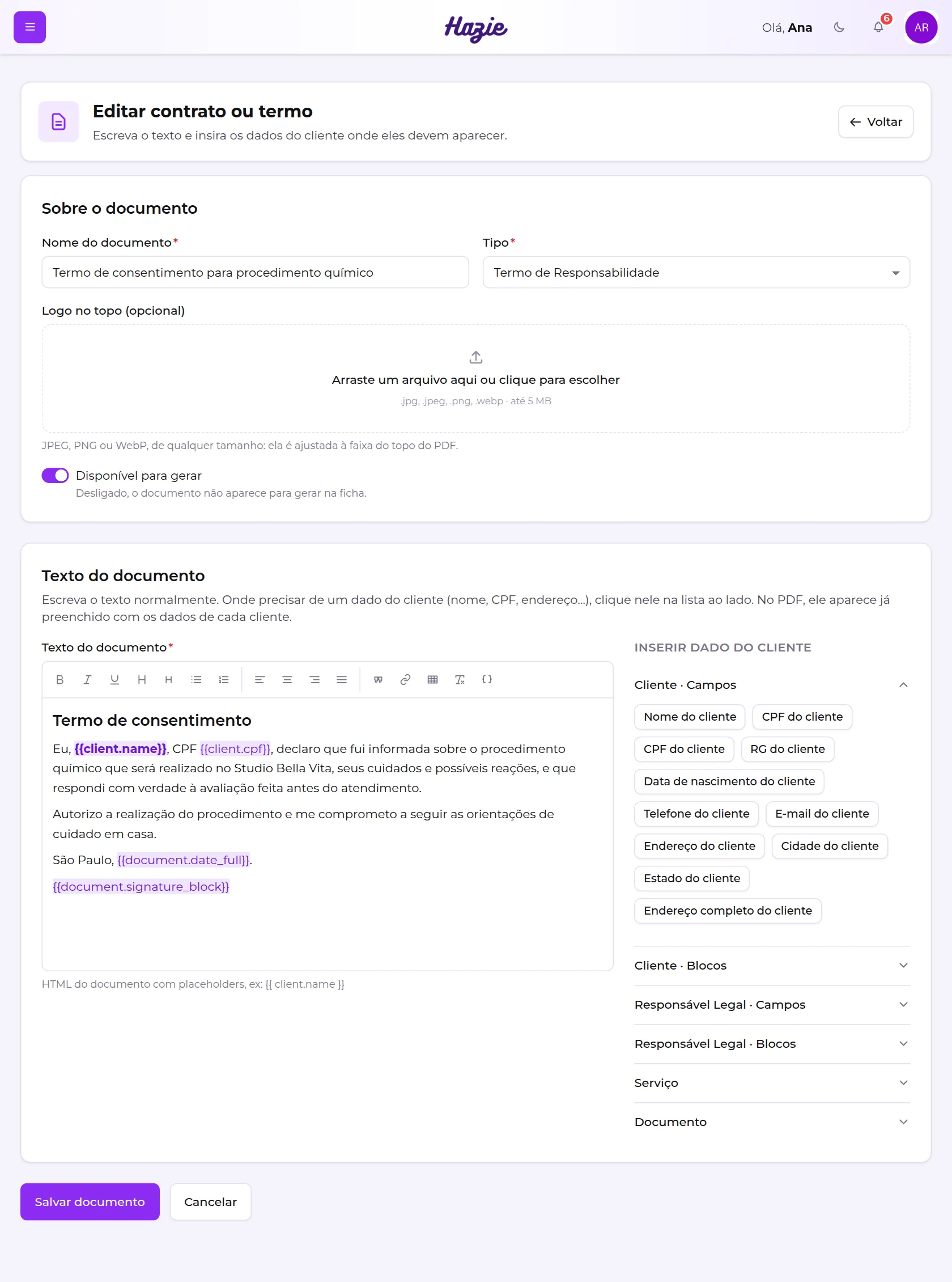 Tela de edição de um contrato ou termo, com os dados do documento, o editor de texto e a lista Inserir dado do cliente