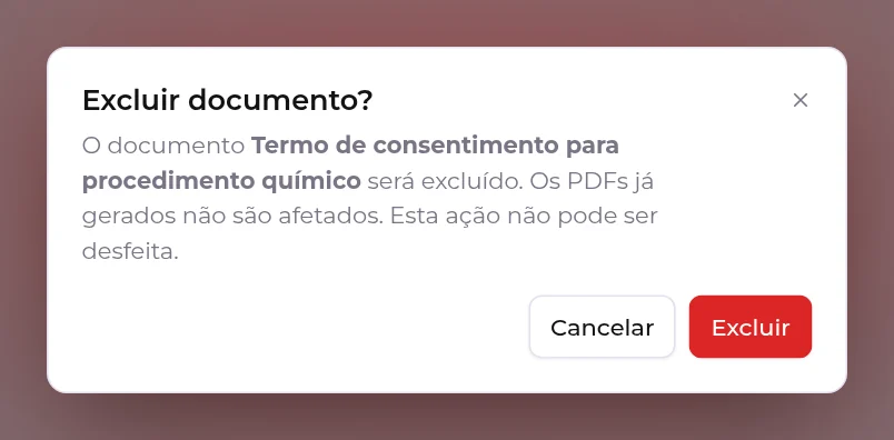 Janela de confirmação Excluir documento