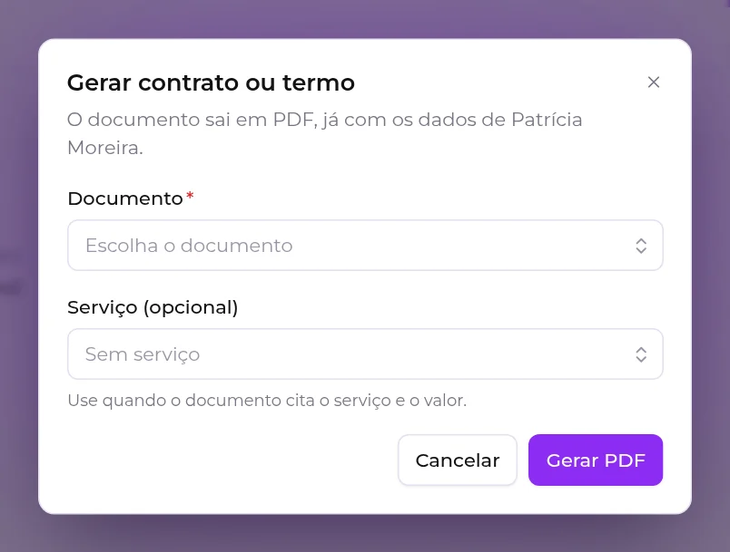 Janela Gerar contrato ou termo, com a escolha do documento e do serviço