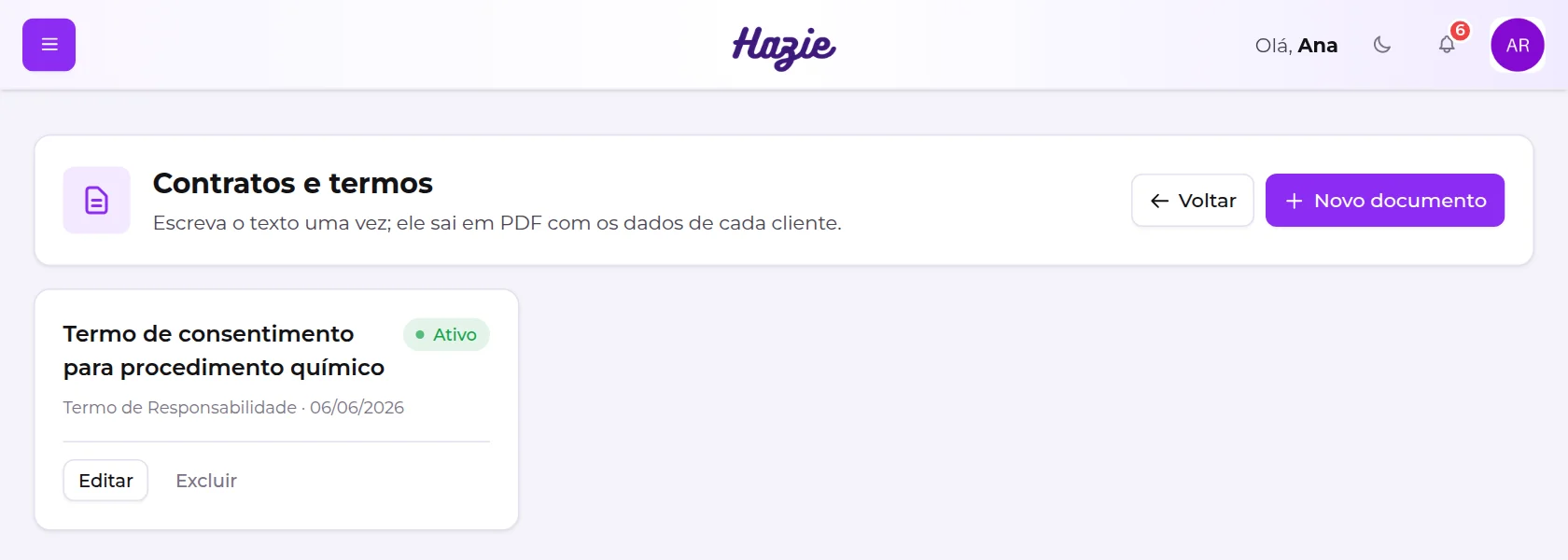 Tela Contratos e termos com um documento cadastrado e o botão Novo documento