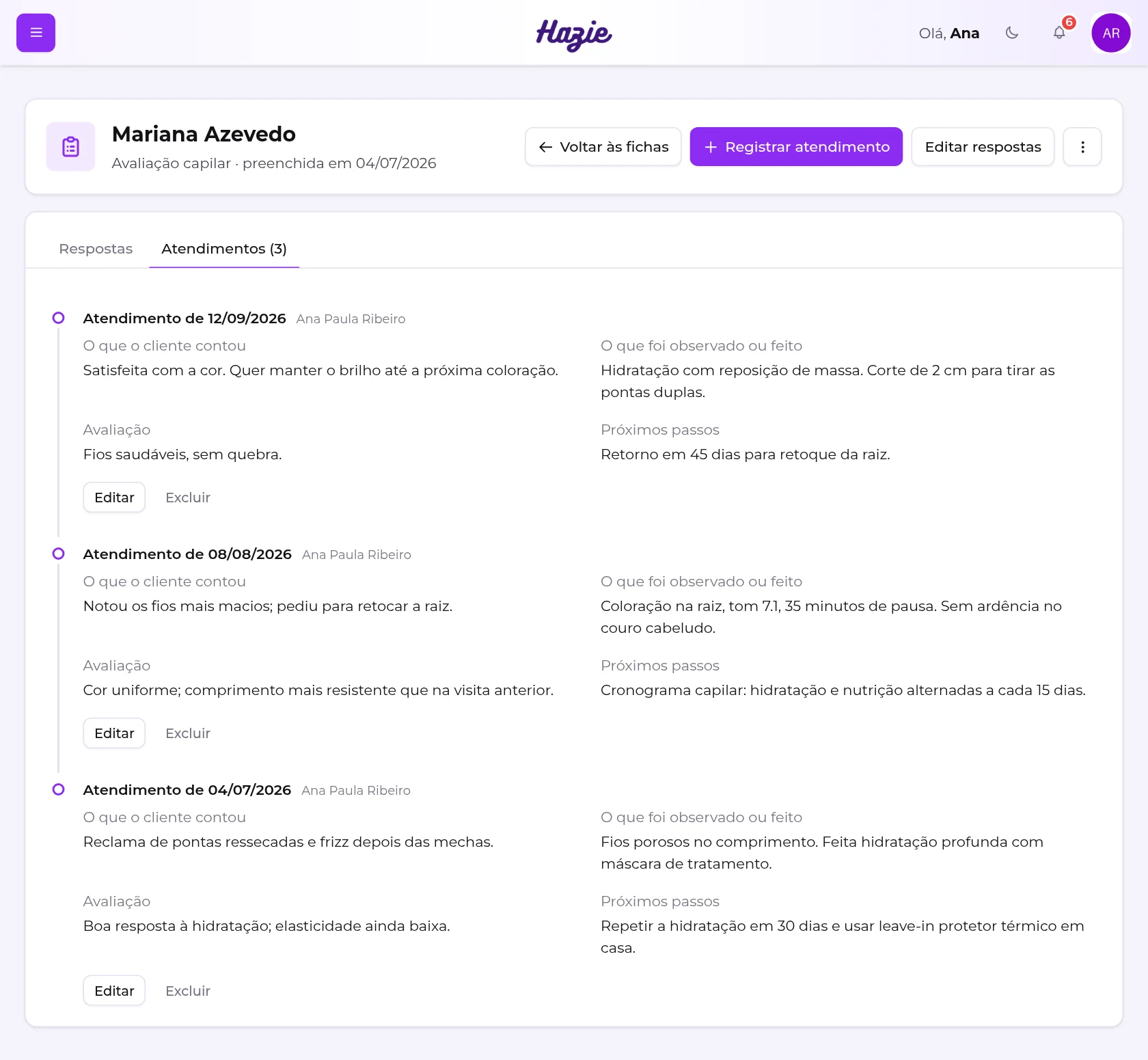 Aba Atendimentos de uma ficha de avaliação capilar, com três atendimentos em ordem do mais recente para o mais antigo