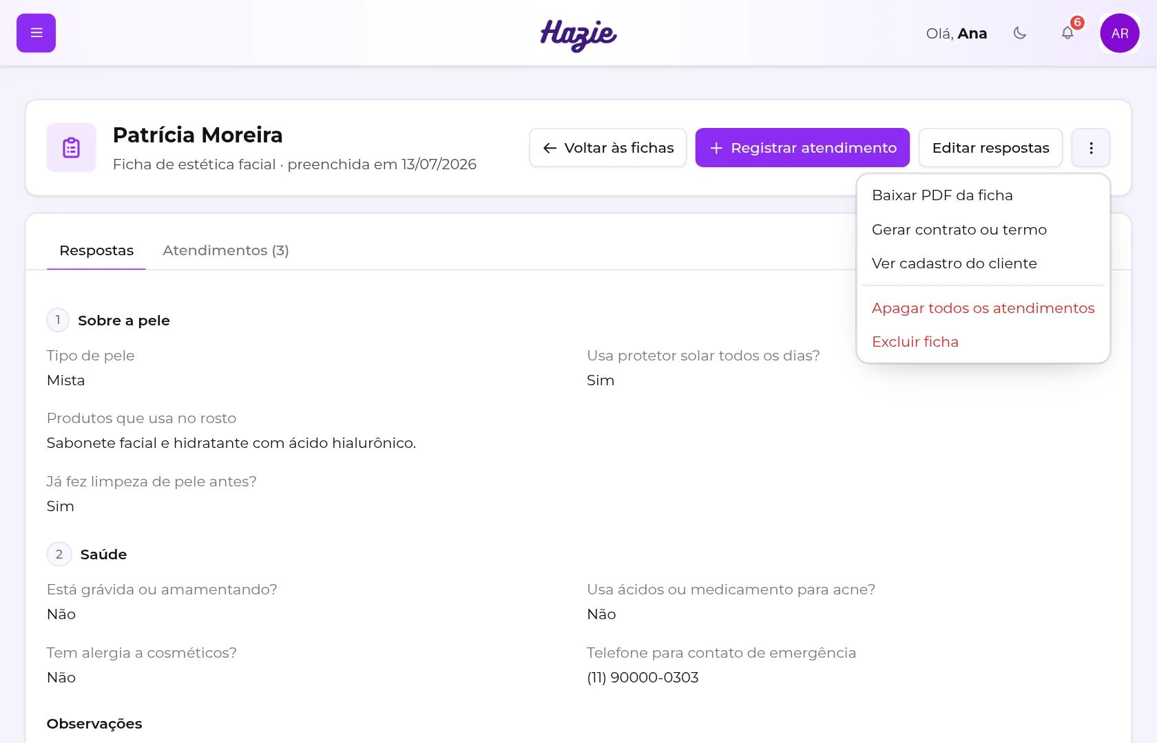 Menu de mais ações da ficha, com Baixar PDF da ficha, Gerar contrato ou termo, Ver cadastro do cliente, Apagar todos os atendimentos e Excluir ficha