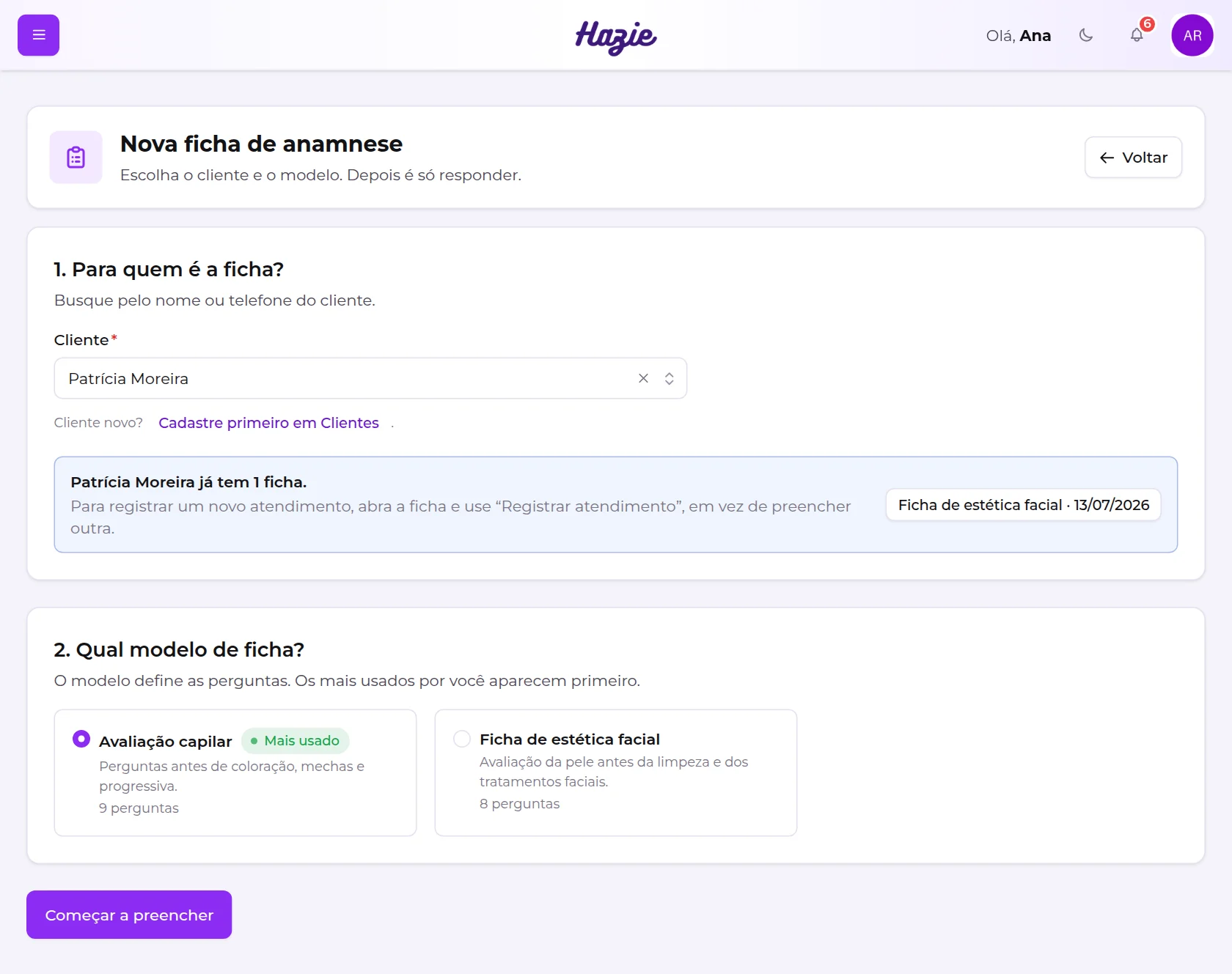 Tela Nova ficha de anamnese, com a escolha do cliente, o aviso de que ele já tem ficha e a escolha do modelo