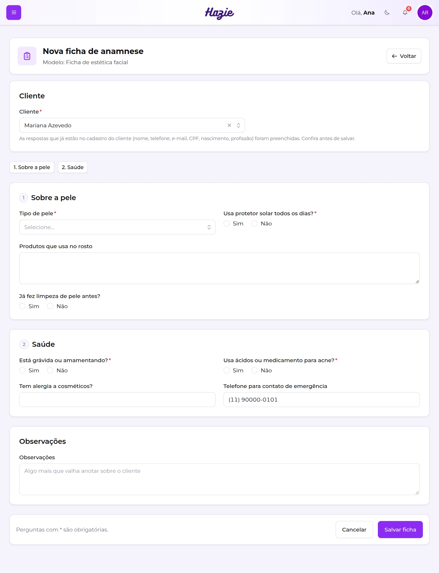 Tela de preenchimento da ficha, com o cliente, os grupos de perguntas, as observações e o botão Salvar ficha