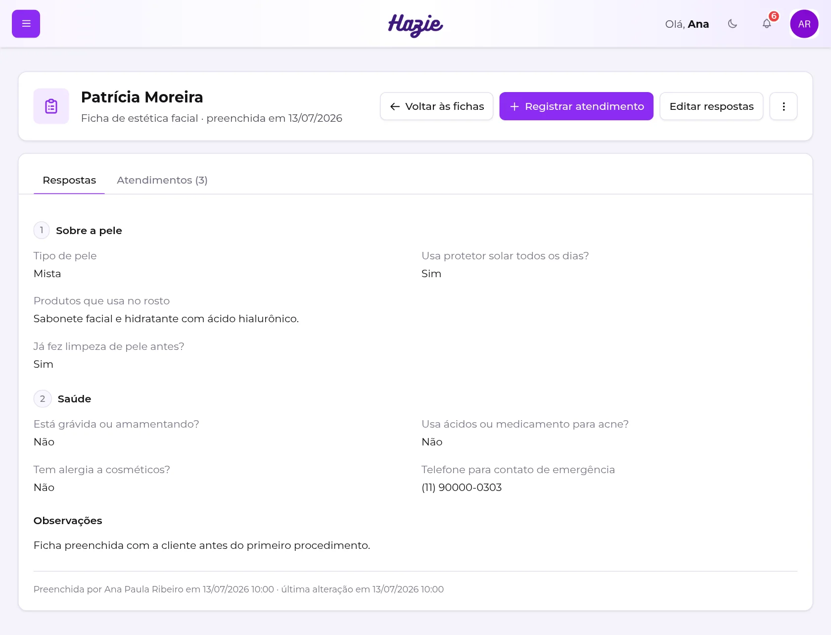 Ficha de uma cliente na aba Respostas, com as respostas agrupadas e as observações