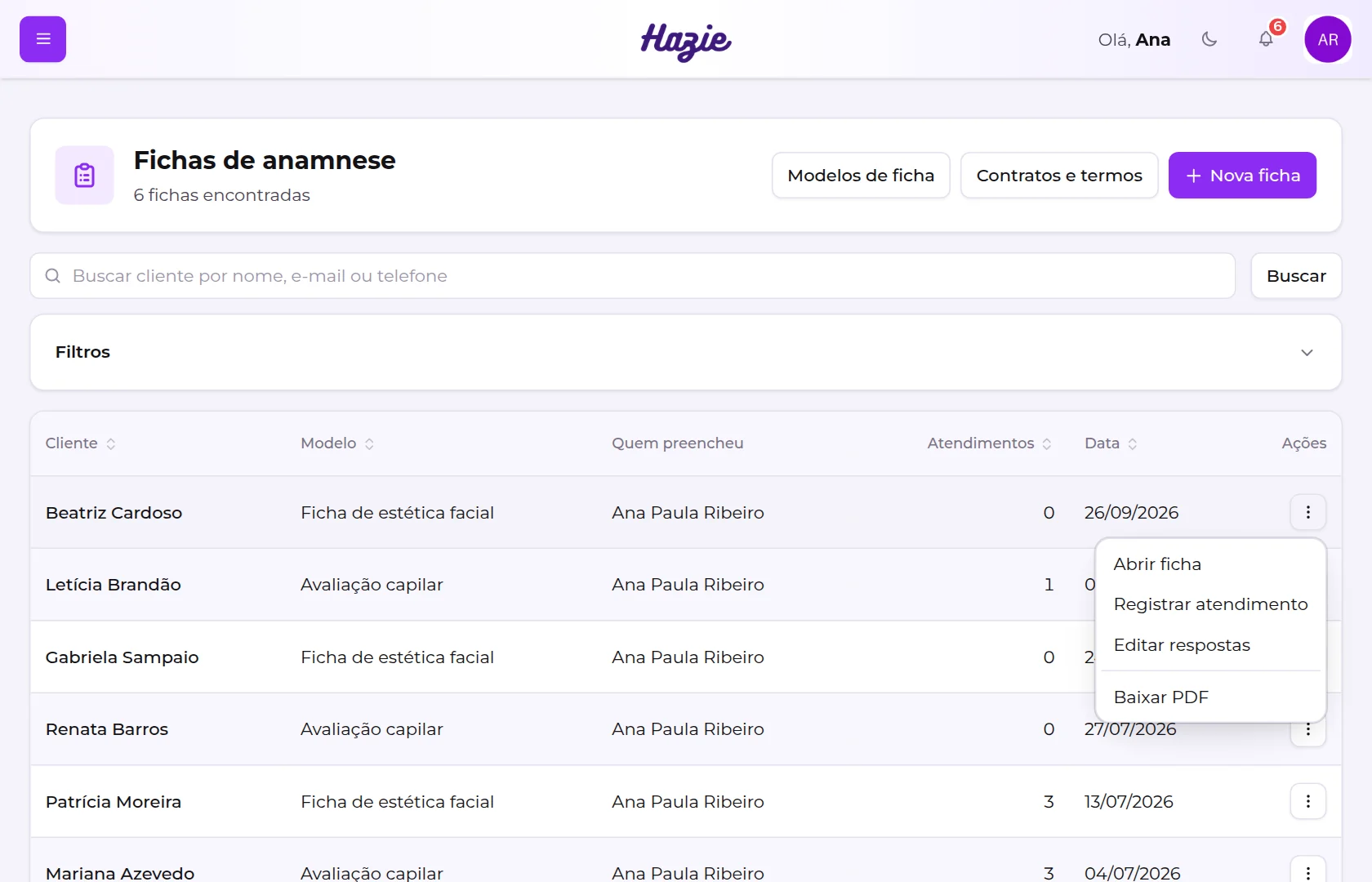 Menu de ações de uma ficha na lista, com Abrir ficha, Registrar atendimento, Editar respostas e Baixar PDF