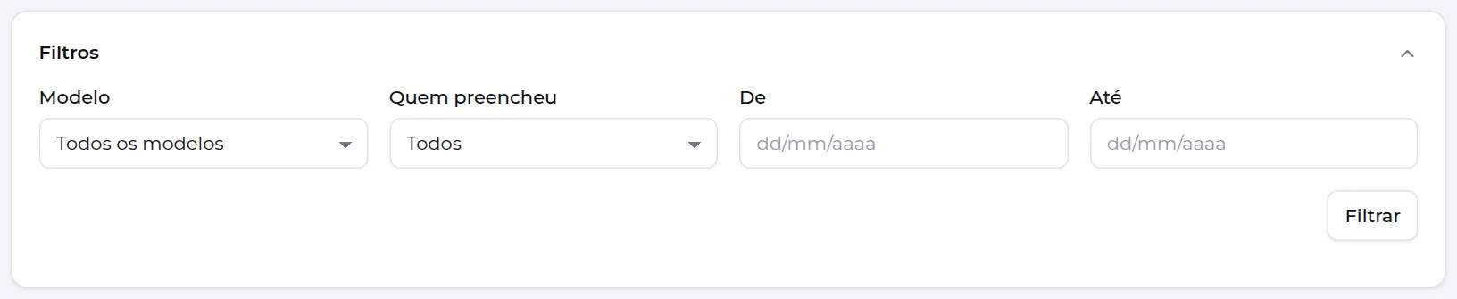Painel de filtros das fichas, com Modelo, Quem preencheu e o período