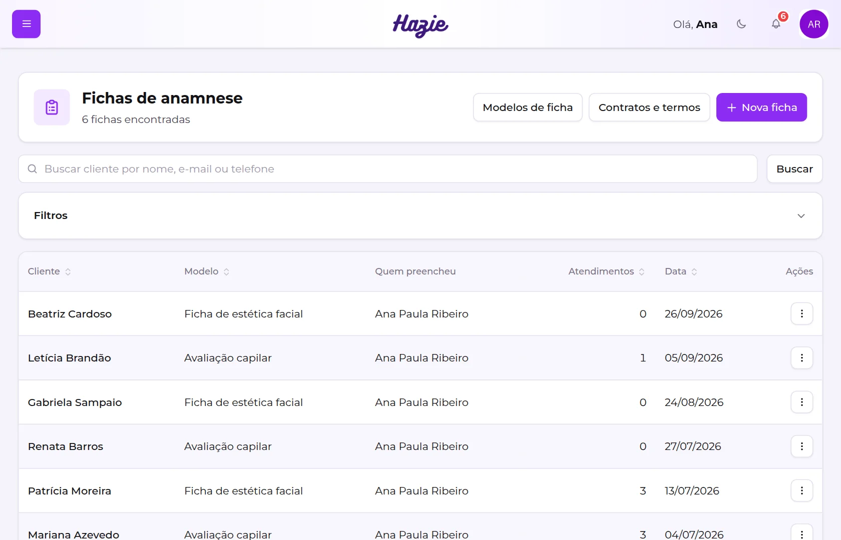 Tela Fichas de anamnese com a busca, os filtros e a lista de fichas