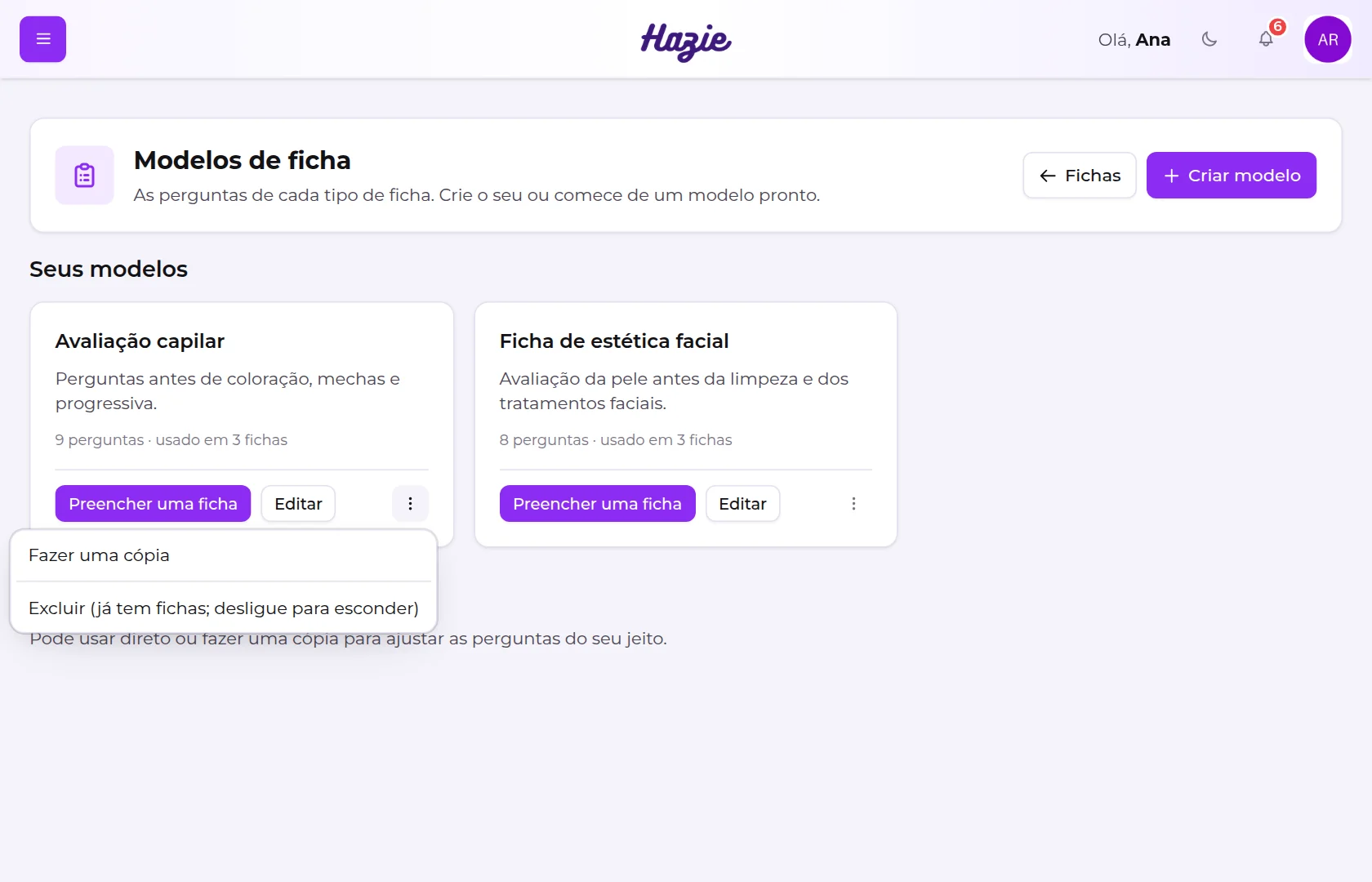 Menu de três pontinhos de um modelo, com Fazer uma cópia e a opção de excluir bloqueada porque o modelo já tem fichas