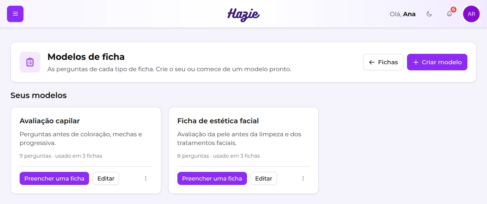 Tela Modelos de ficha com os modelos da empresa em cartões