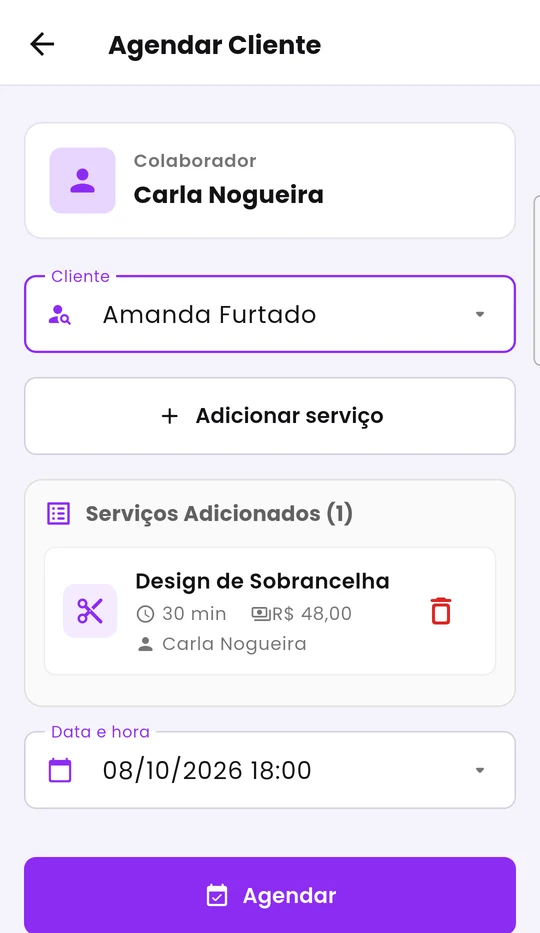 Tela Agendar Cliente com cliente, serviço e data preenchidos