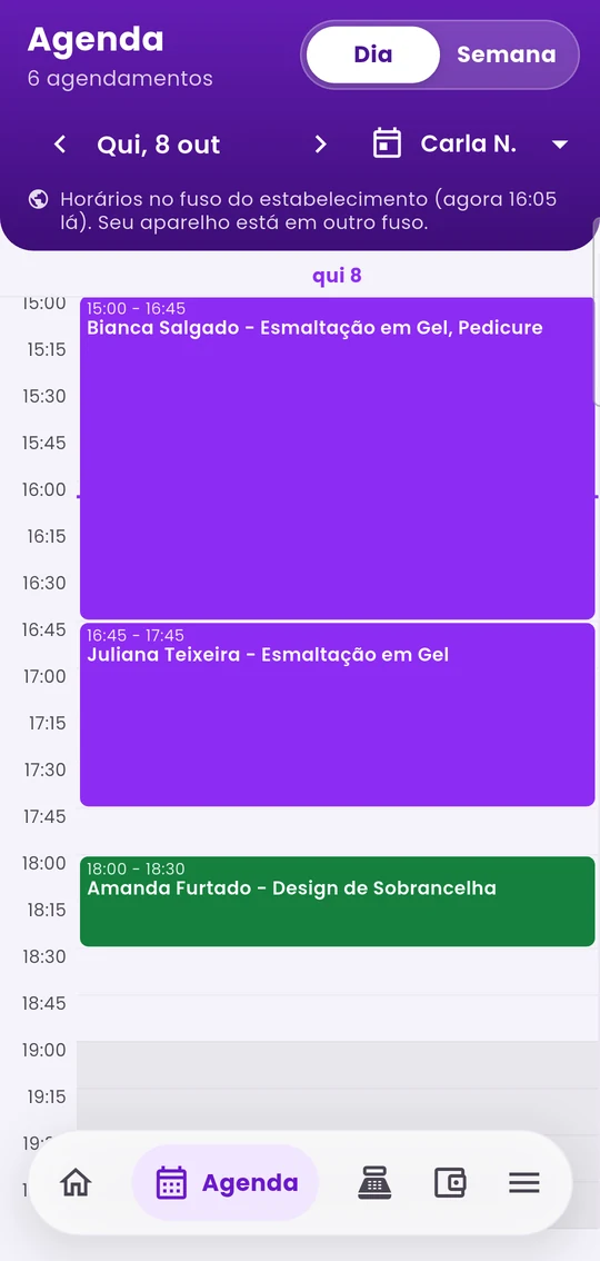 Agenda depois do atendimento: o agendamento das 18h aparece em verde