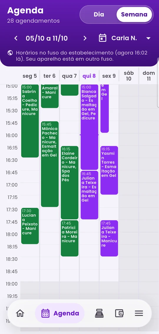 Agenda da semana de uma profissional, com atendimentos já finalizados em verde
