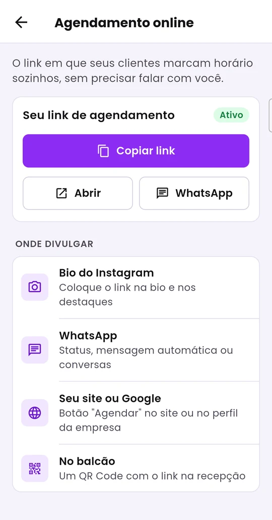 Tela Agendamento online, com os botões Copiar link, Abrir e WhatsApp e as dicas de onde divulgar