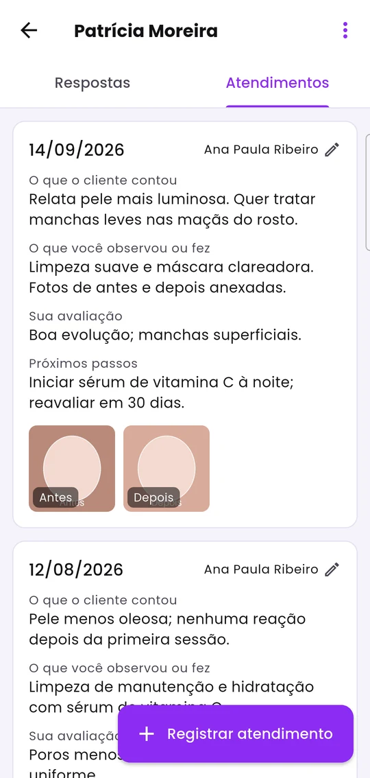 Aba Atendimentos, com as anotações de cada sessão e as fotos de antes e depois