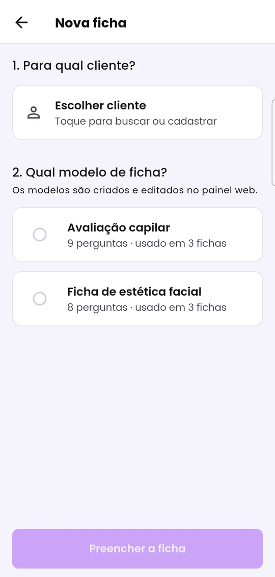 Tela Nova ficha, com a escolha do cliente e do modelo