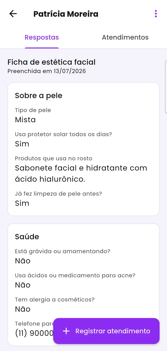 Aba Respostas de uma ficha de estética facial