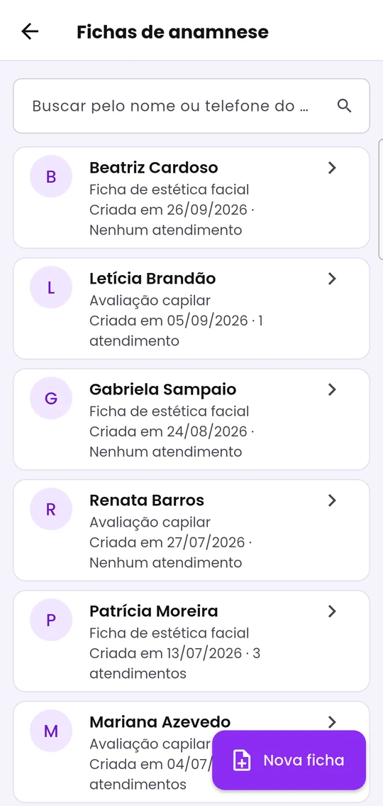 Lista de fichas de anamnese, com o modelo usado e quantos atendimentos cada uma tem