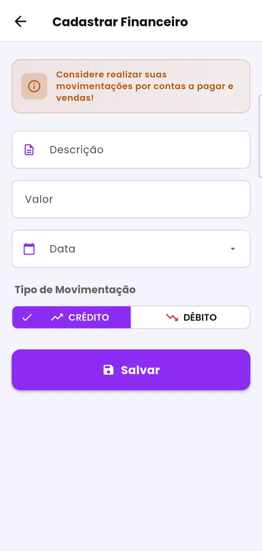 Tela para lançar uma movimentação manual de crédito ou débito