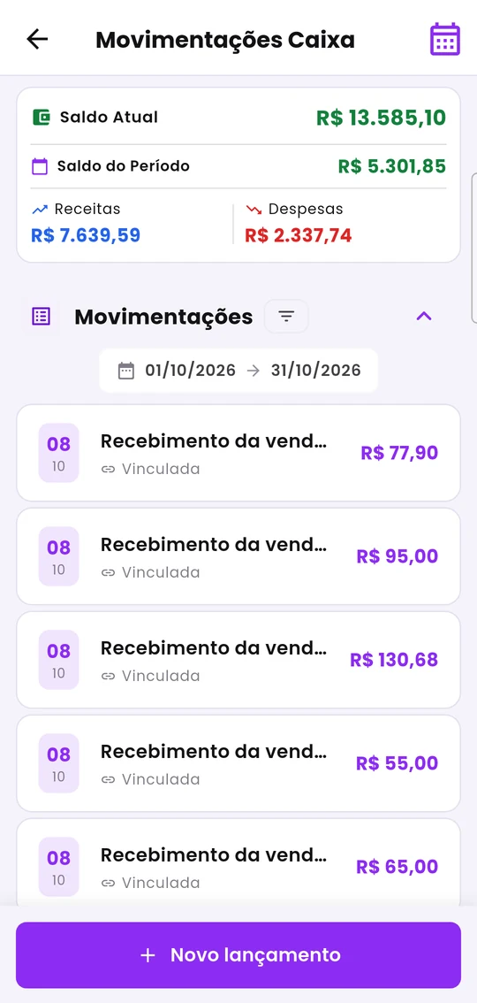 Movimentações do caixa, com saldos, período e a lista de lançamentos