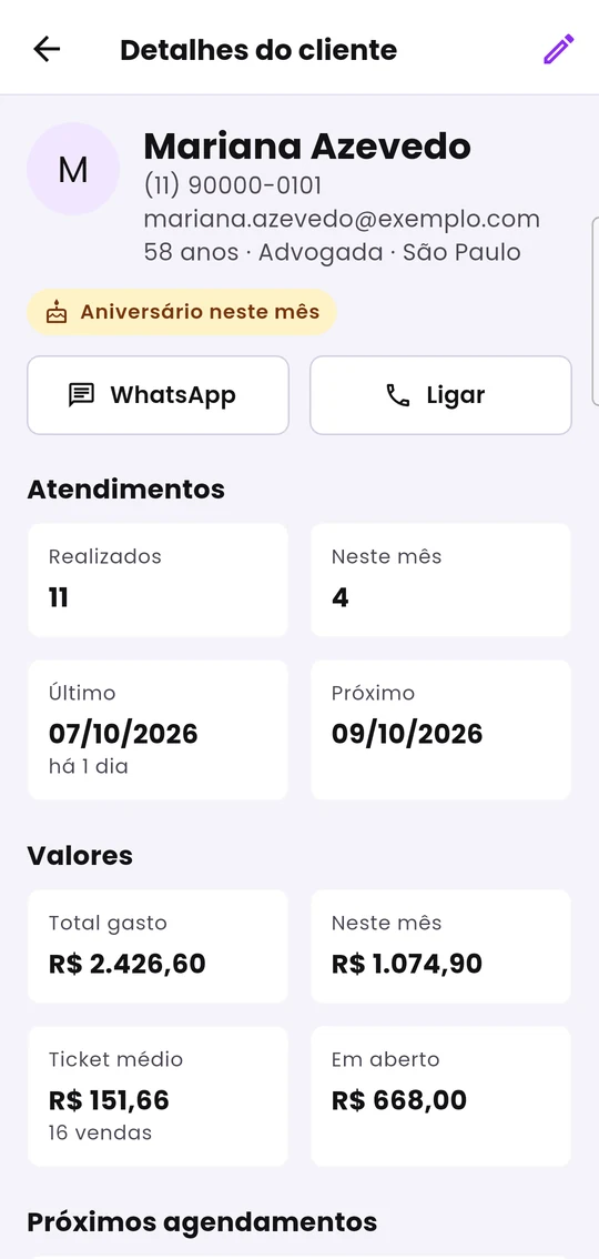 Detalhe do cliente: contato, atendimentos e valores